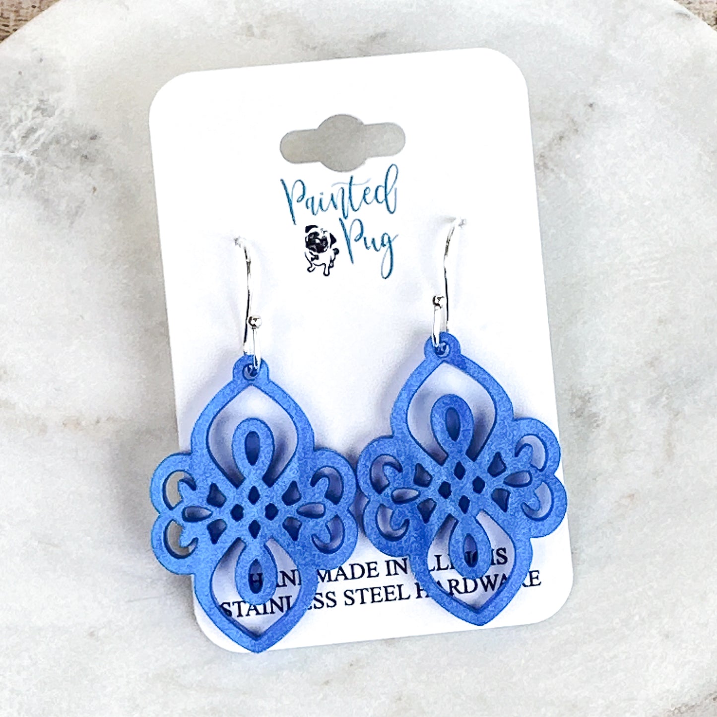 Blue Filigree Statement Earrings – Ornate Acrylic Dangle Earrings
