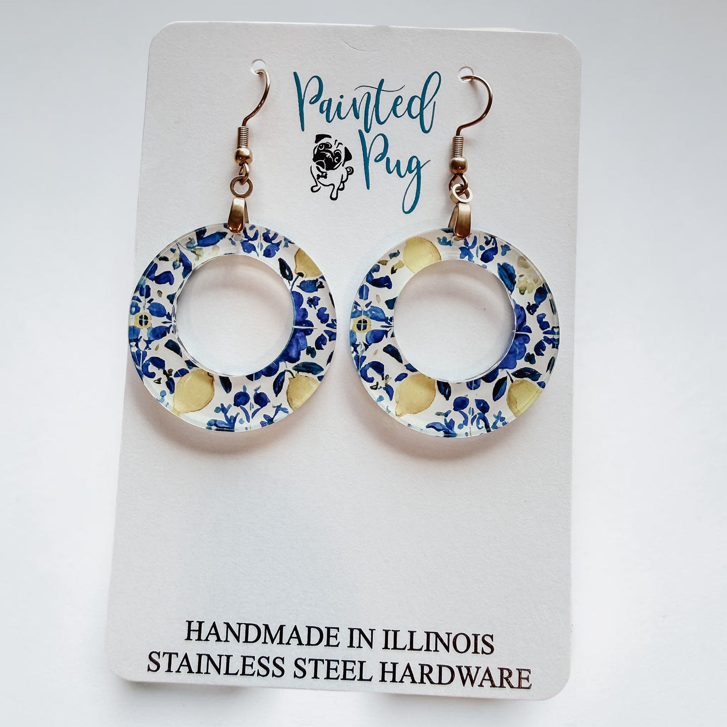Blue and Yellow Lemon Flower Dangle Hoop Earrings