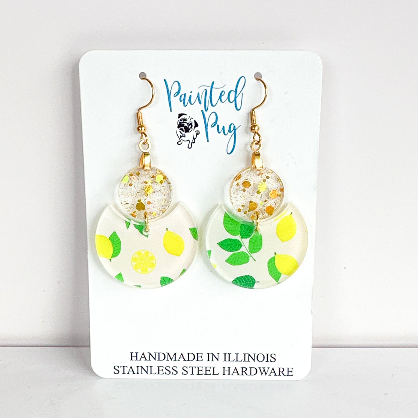 Lemon Print Glitter Dangle Earrings – Two-Tier Acrylic Circles
