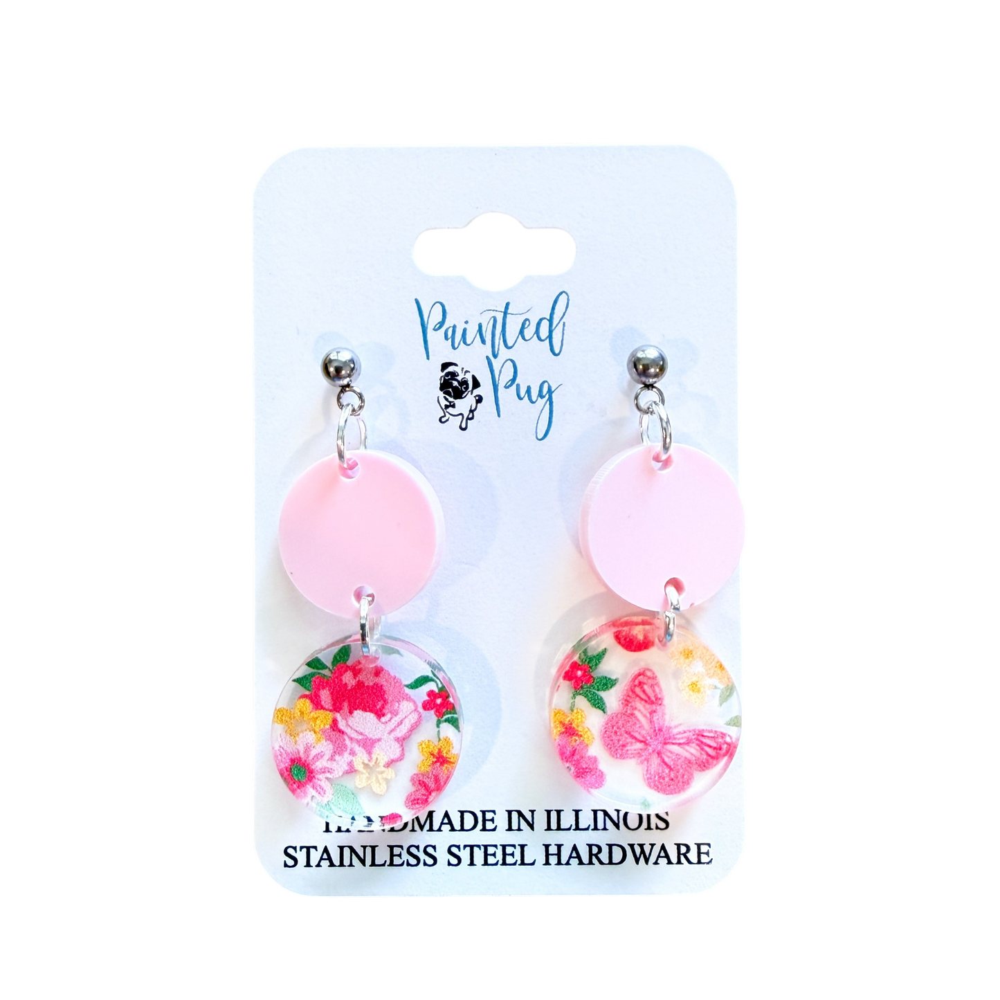 Pink Floral Butterfly Dangle Earrings – Acrylic Circle Earrings