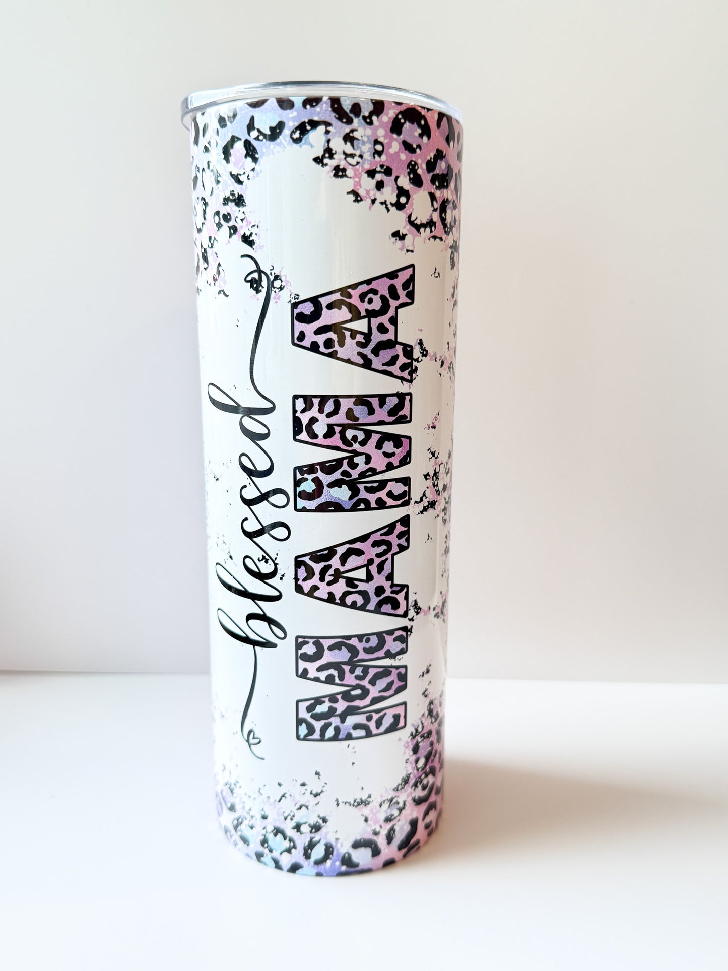 Blessed Mama 20oz Skinny Tumbler with Straw – Pastel Leopard Print