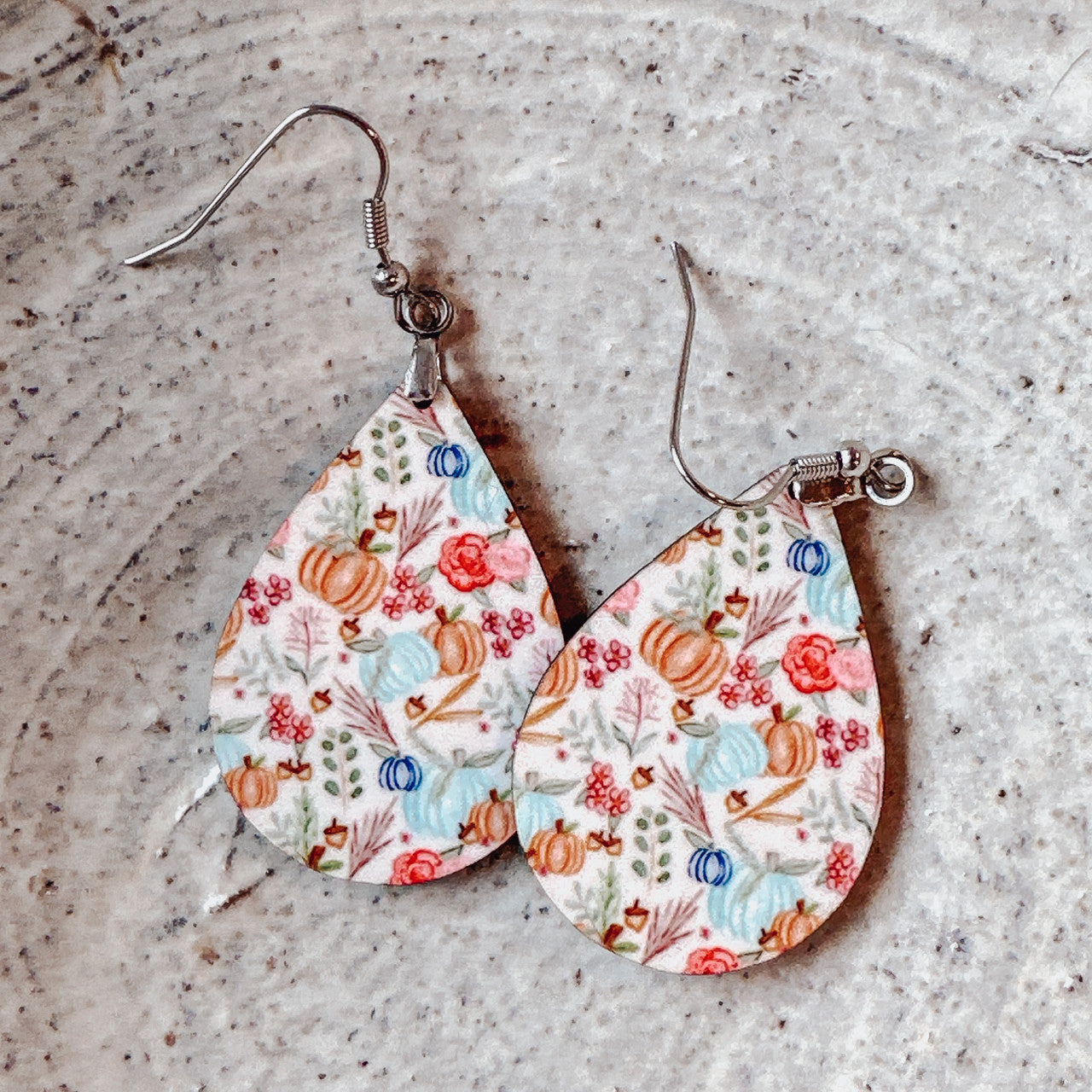 Fall Floral Boho Teal Pumpkin Dangle Earrings for Women