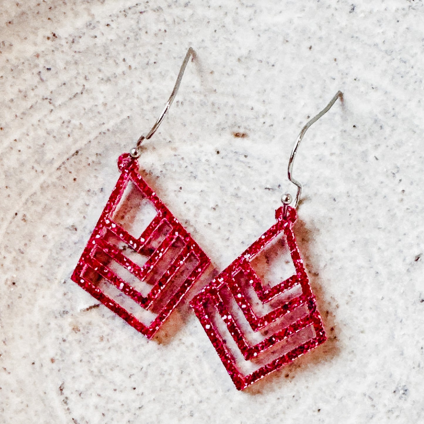 Pink Glitter Geometric Square Earrings