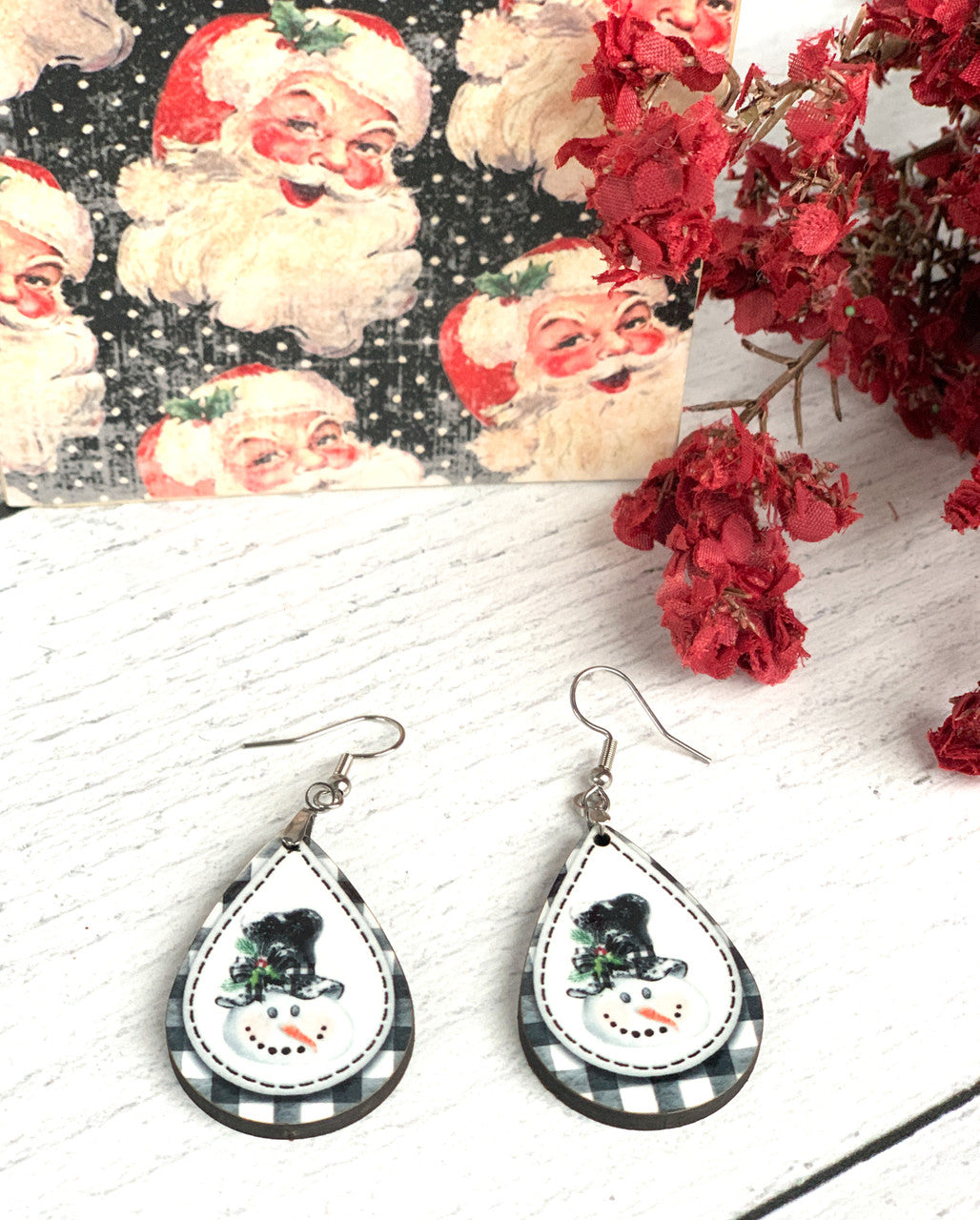 Snowman Plaid Teardrop Dangle Earrings