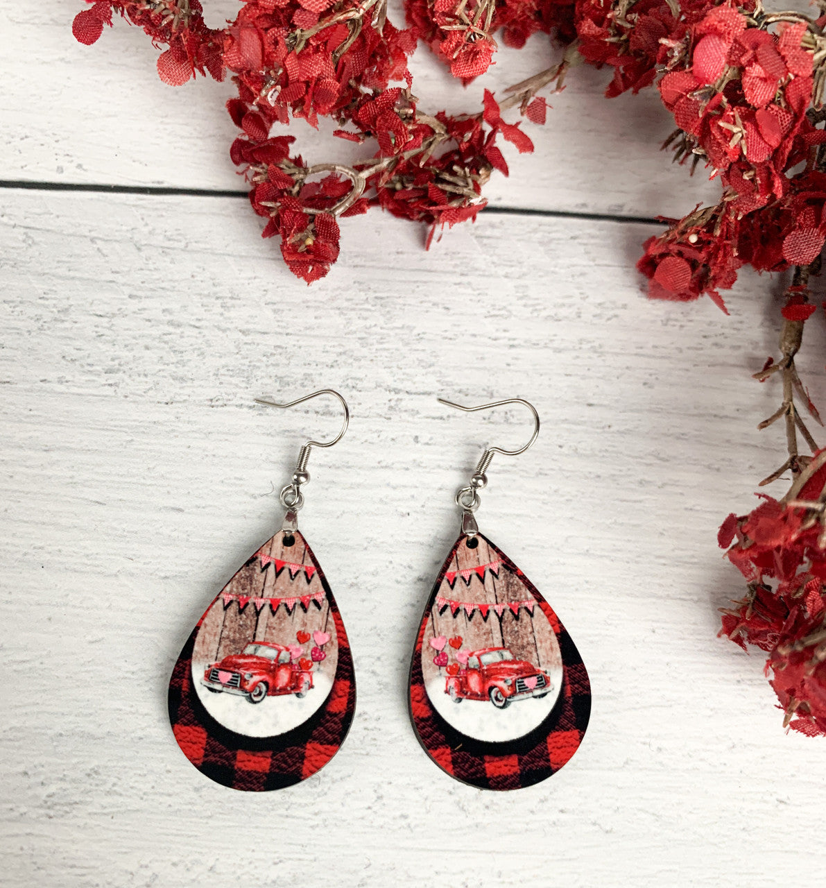 Valentine's Day Earrings Red Truck Teardrop Earrings