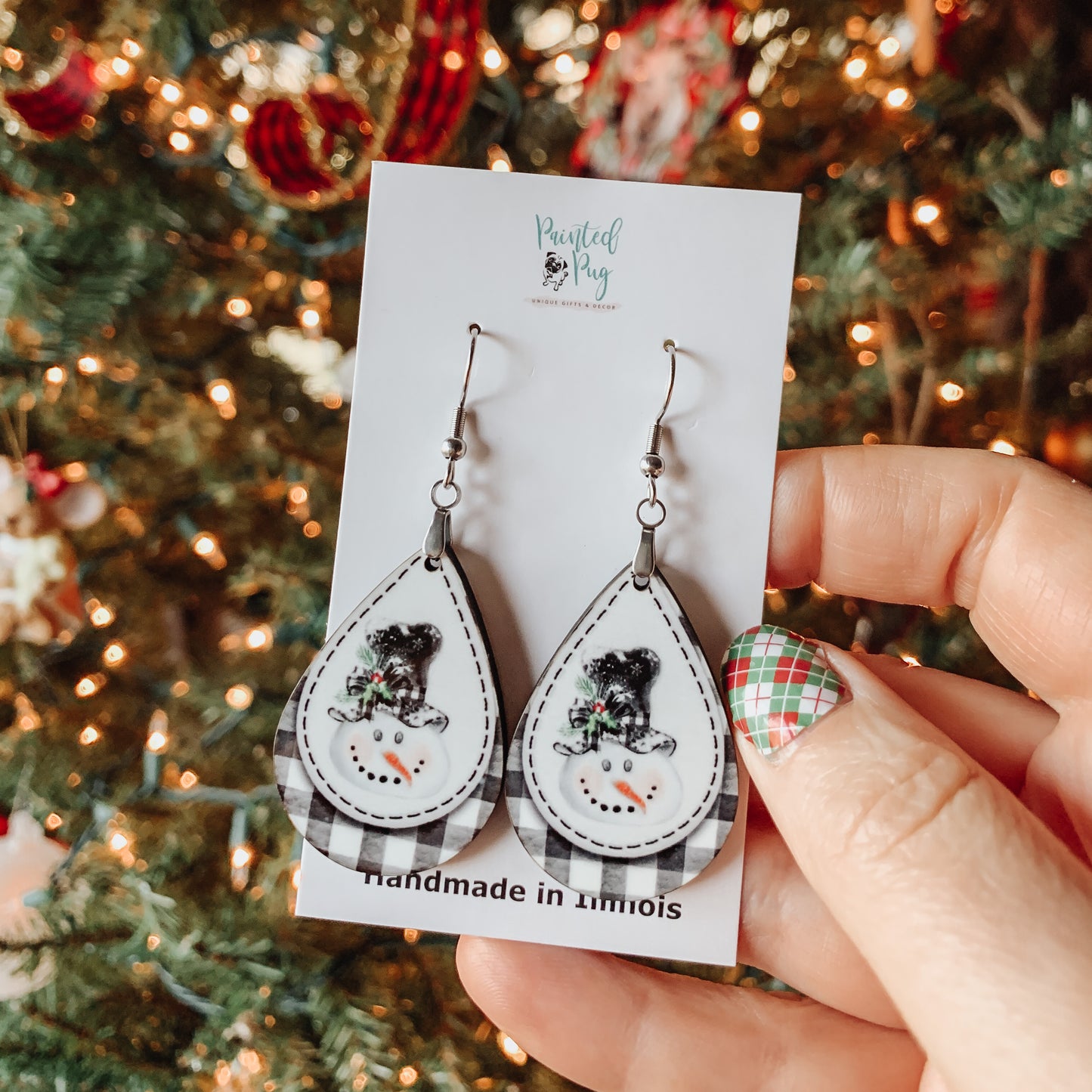 Snowman Plaid Teardrop Dangle Earrings