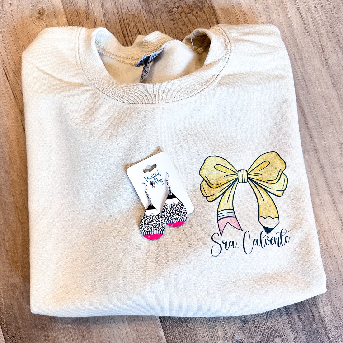 Personalized Teacher Sweatshirt with Bow & Pencil Design