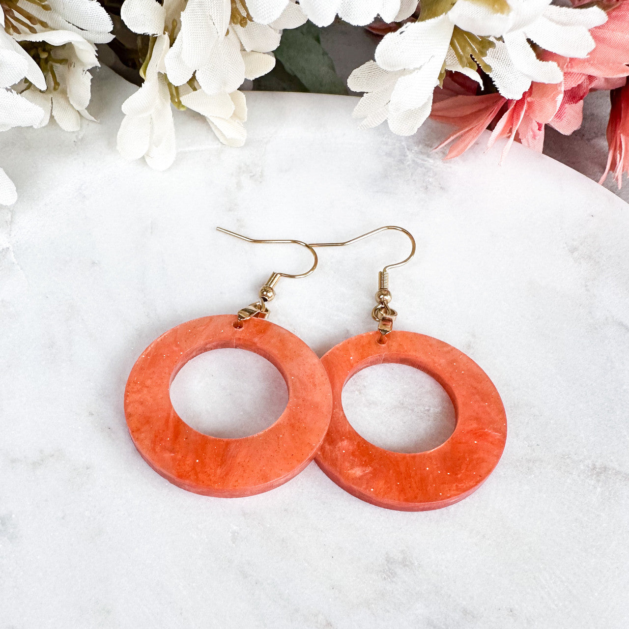 Shimmery Peach Orange Fall Acrylic Round Earrings