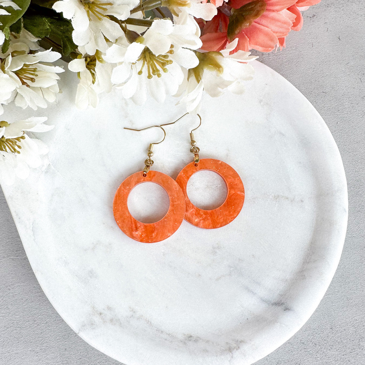 Shimmery Peach Orange Fall Acrylic Round Earrings