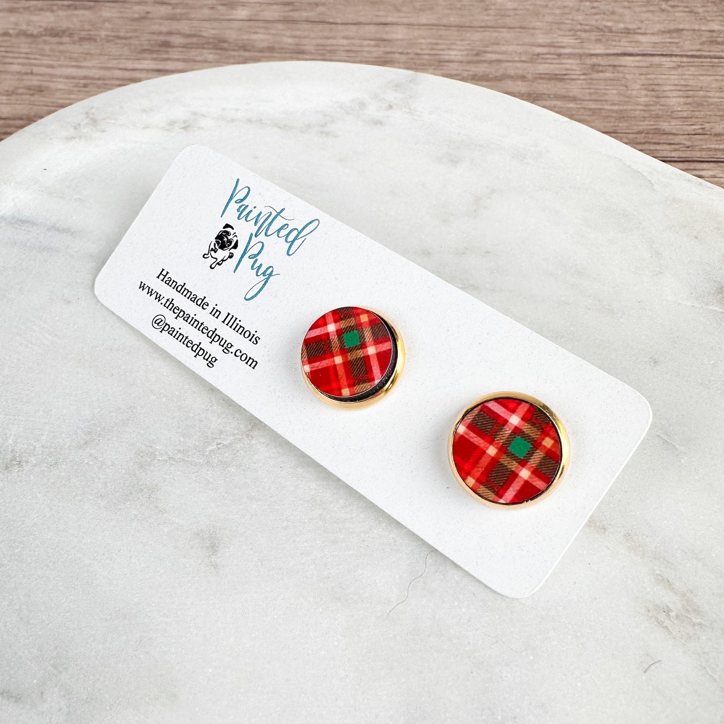 Red Plaid Christmas Stud Earrings