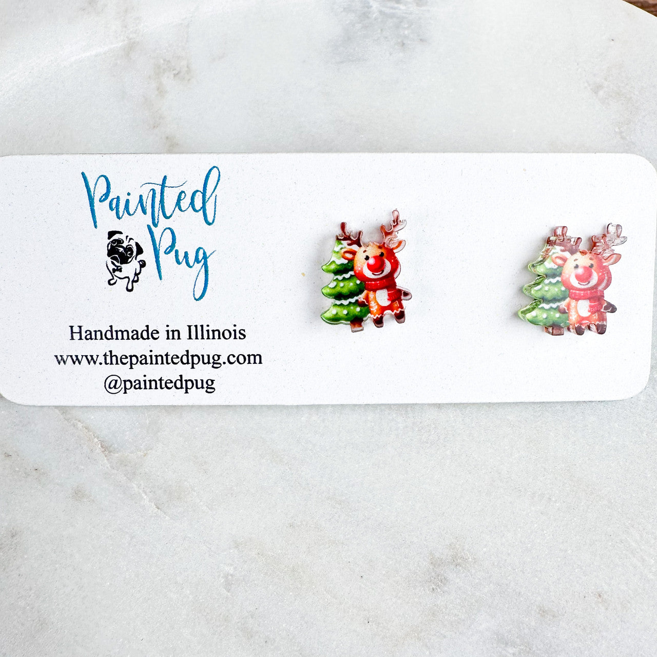 Reindeer Acrylic Stud Earrings – Festive Holiday Accessories