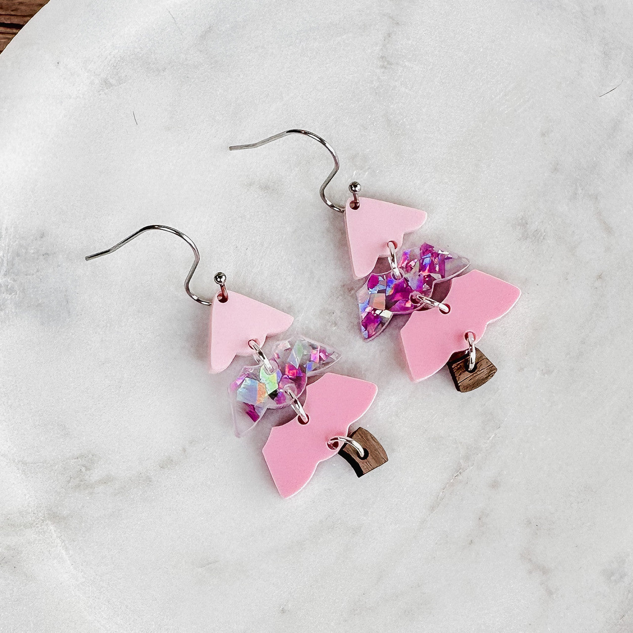 Pink Christmas Tree Dangle Earrings – Lightweight Holiday Acrylic Jewelry
