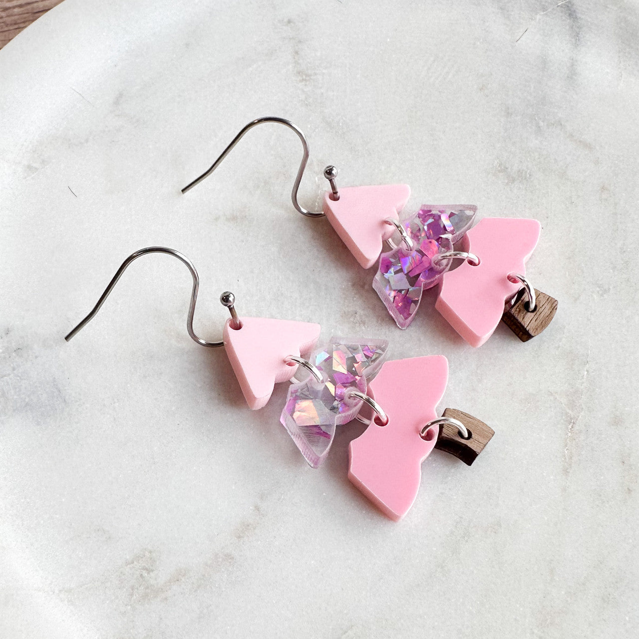 Pink Christmas Tree Dangle Earrings – Lightweight Holiday Acrylic Jewelry