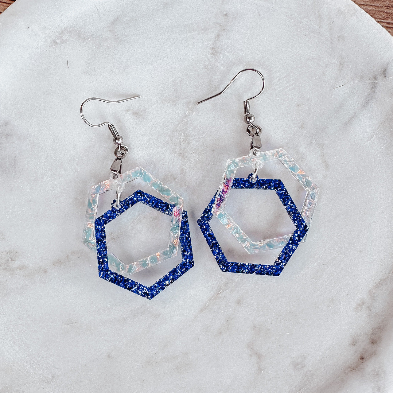 Blue Glitter Hexagon Earrings