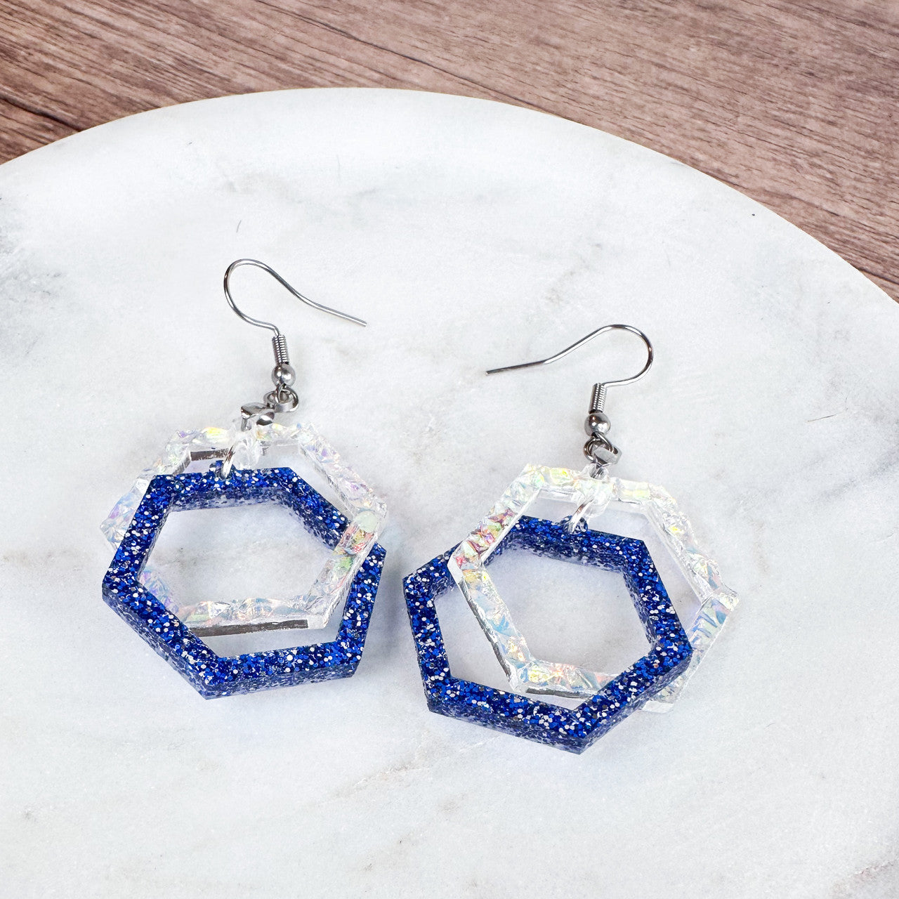 Winter Wonderland Iridescent & Blue Glitter Dangle Earrings – Unique Seasonal Jewelry