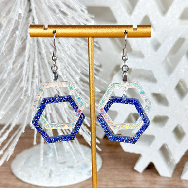 Winter Wonderland Iridescent & Blue Glitter Dangle Earrings – Unique Seasonal Jewelry