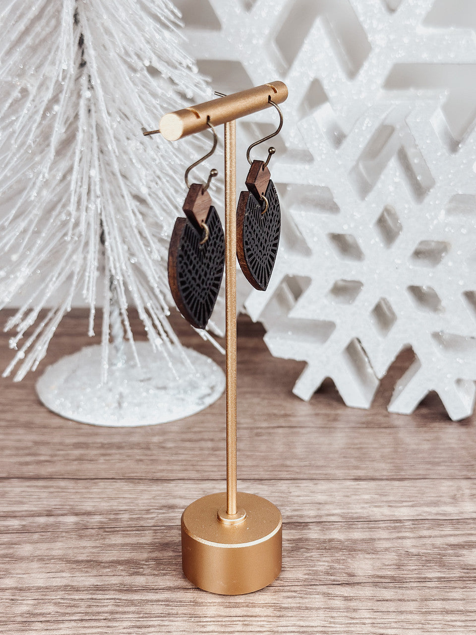 Boho Walnut Wood Drop Earrings with Black Accents & Bronze Hardware