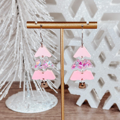 Pink Christmas Tree Dangle Earrings – Lightweight Holiday Acrylic Jewelry