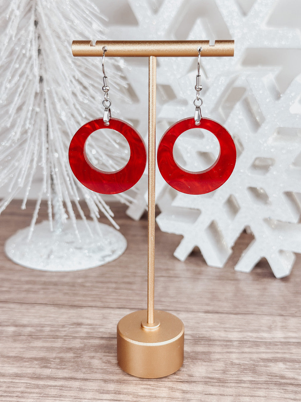 Red Marble Acrylic Round Earrings – Bold Statement Jewelry