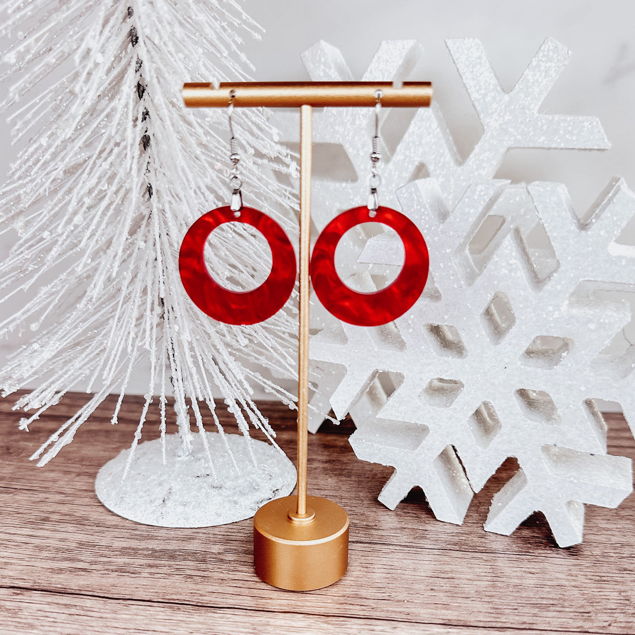 Red Marble Acrylic Round Earrings – Bold Statement Jewelry