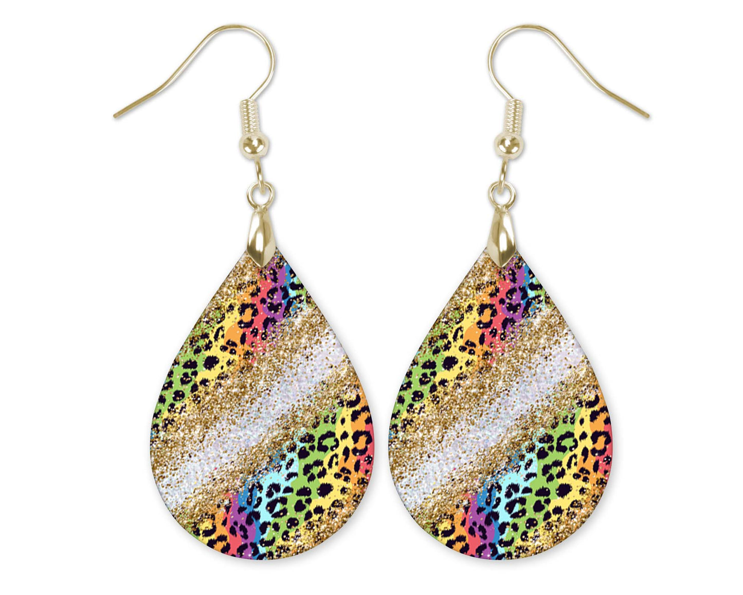 Rainbow Leopard Print Earrings – Handmade Teardrop Statement Earrings with Gold Hooks