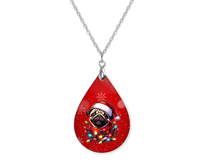 Pug Santa Christmas Teardrop Shape Necklace