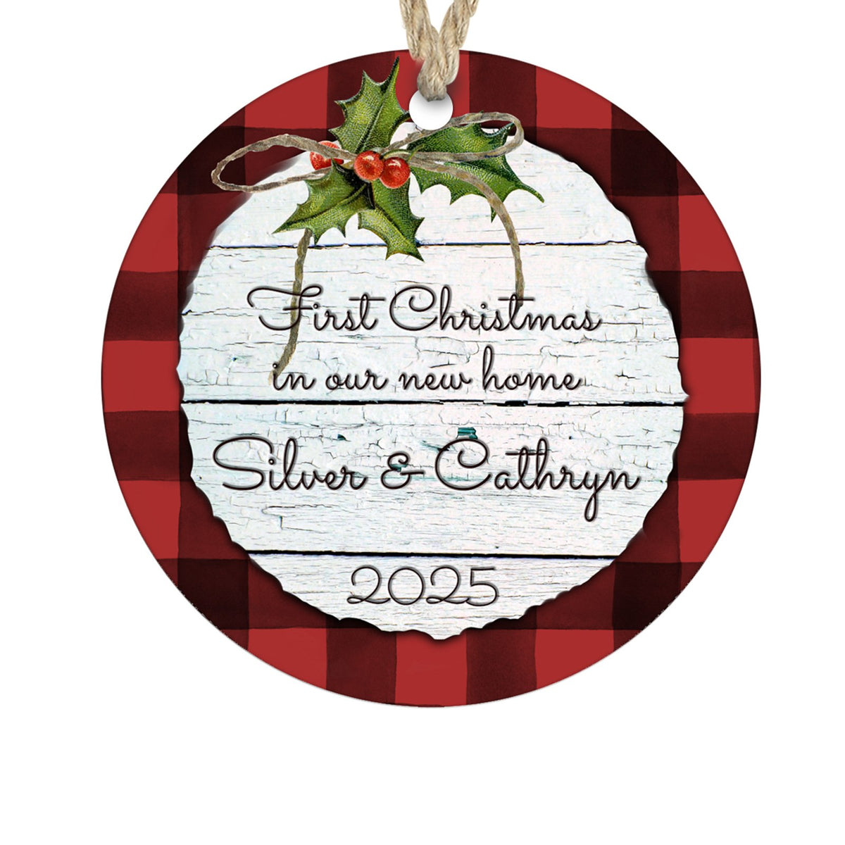 Personalized first Christmas in our new home red plaid ornament