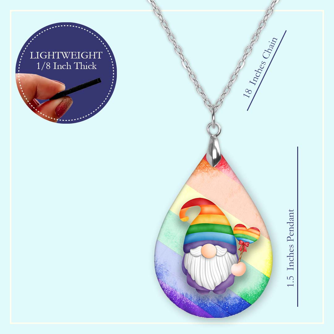 Pride Gnome Pendant Necklace – Rainbow Teardrop, Stainless Steel Chain