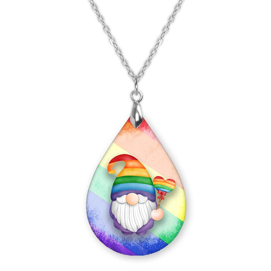 Pride Gnome Pendant Necklace – Rainbow Teardrop, Stainless Steel Chain