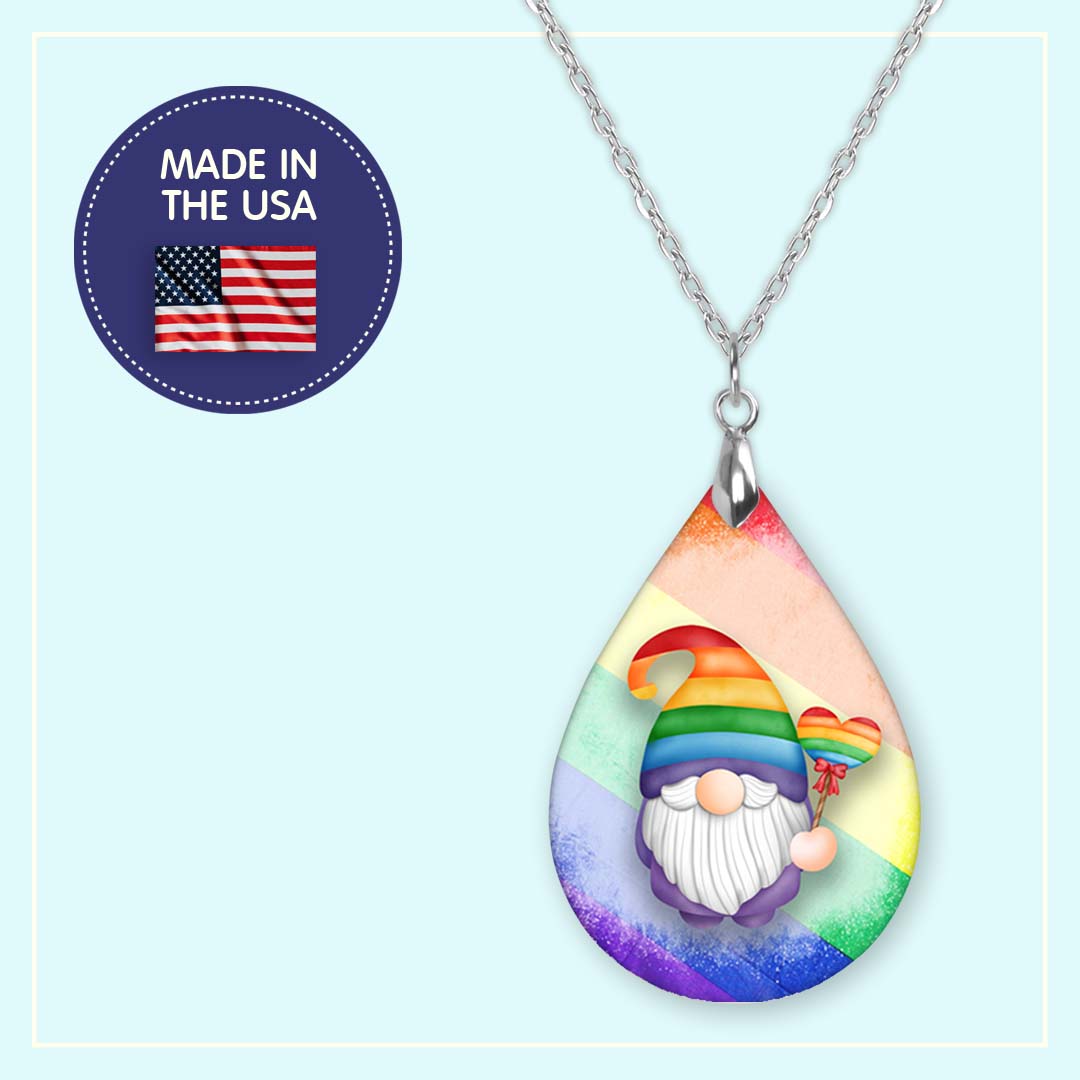 Pride Gnome Pendant Necklace – Rainbow Teardrop, Stainless Steel Chain