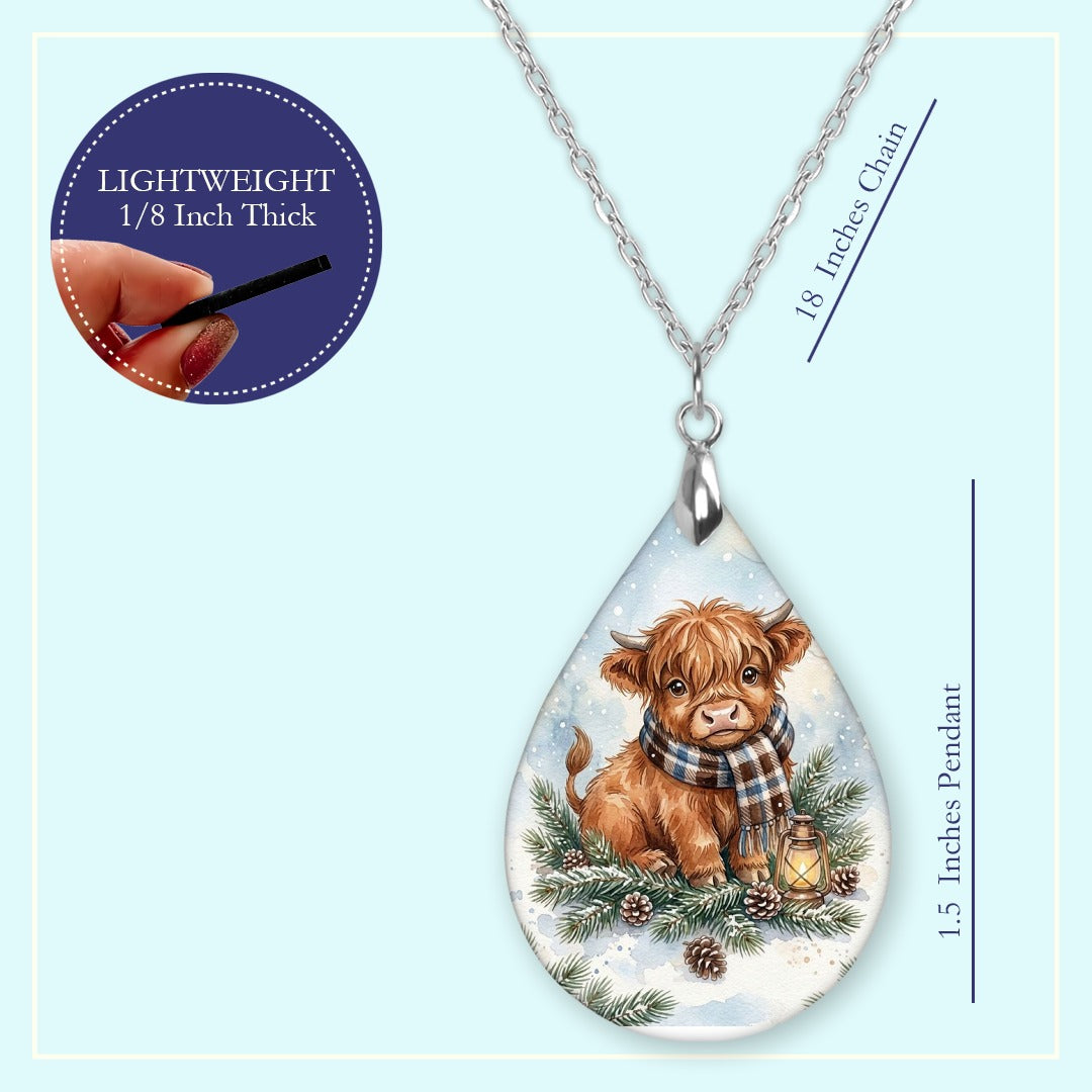 18 inch chain length guide for the Highland Cow Winter Woodland teardrop pendant necklace