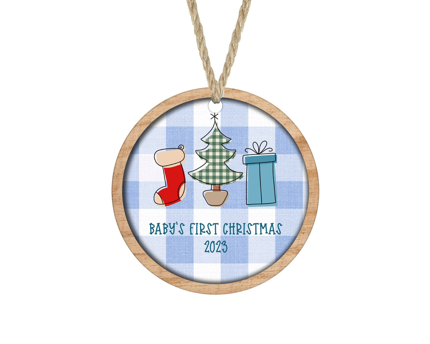 Blue plaid Baby's First Christmas ornament