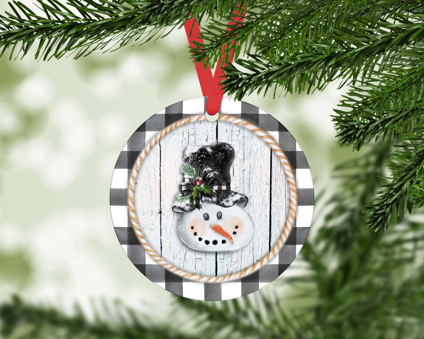 Buffalo plaid snowman farmhouse Christmas ornament