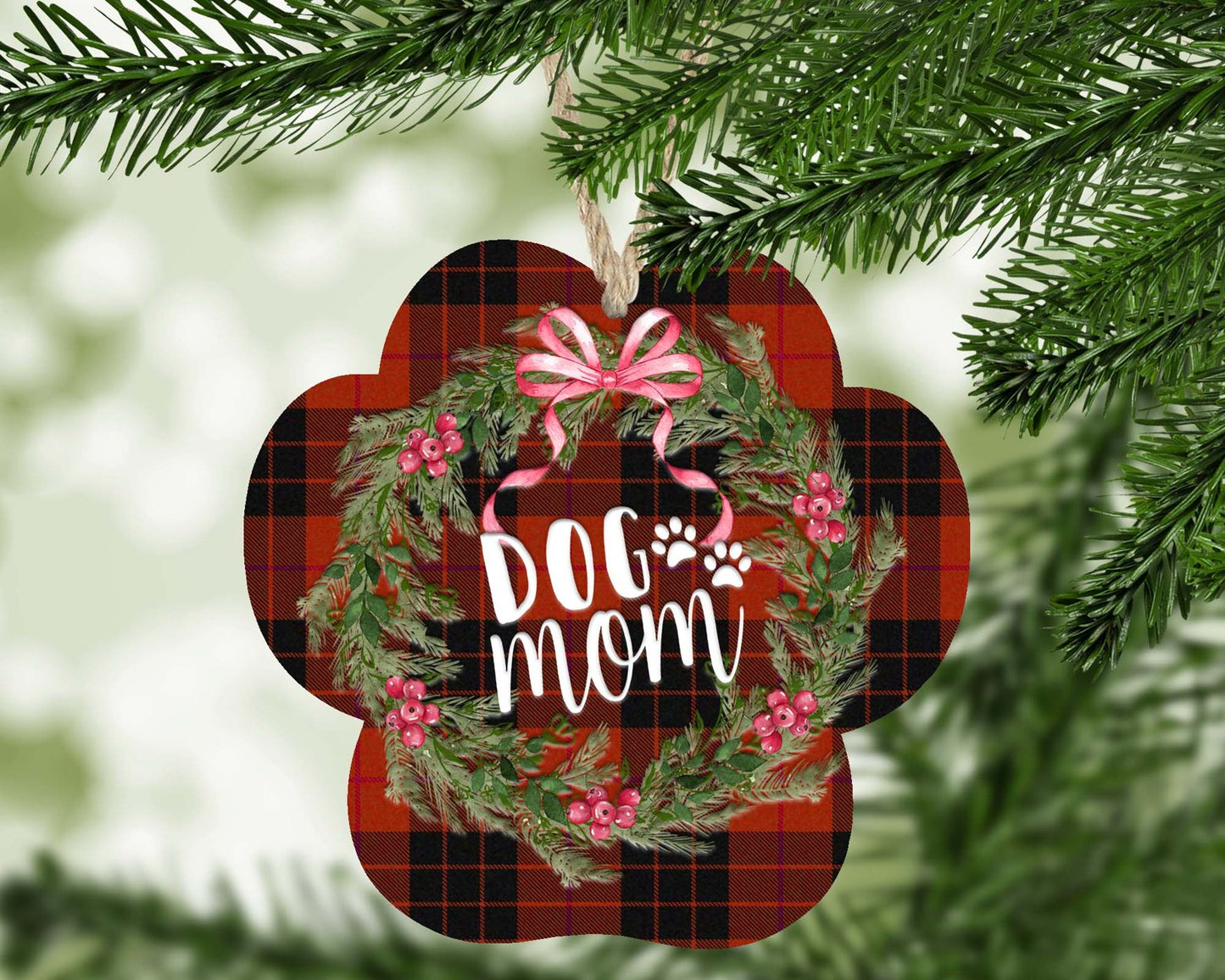 Dog Mom paw shaped plaid wreath Christmas ornament
