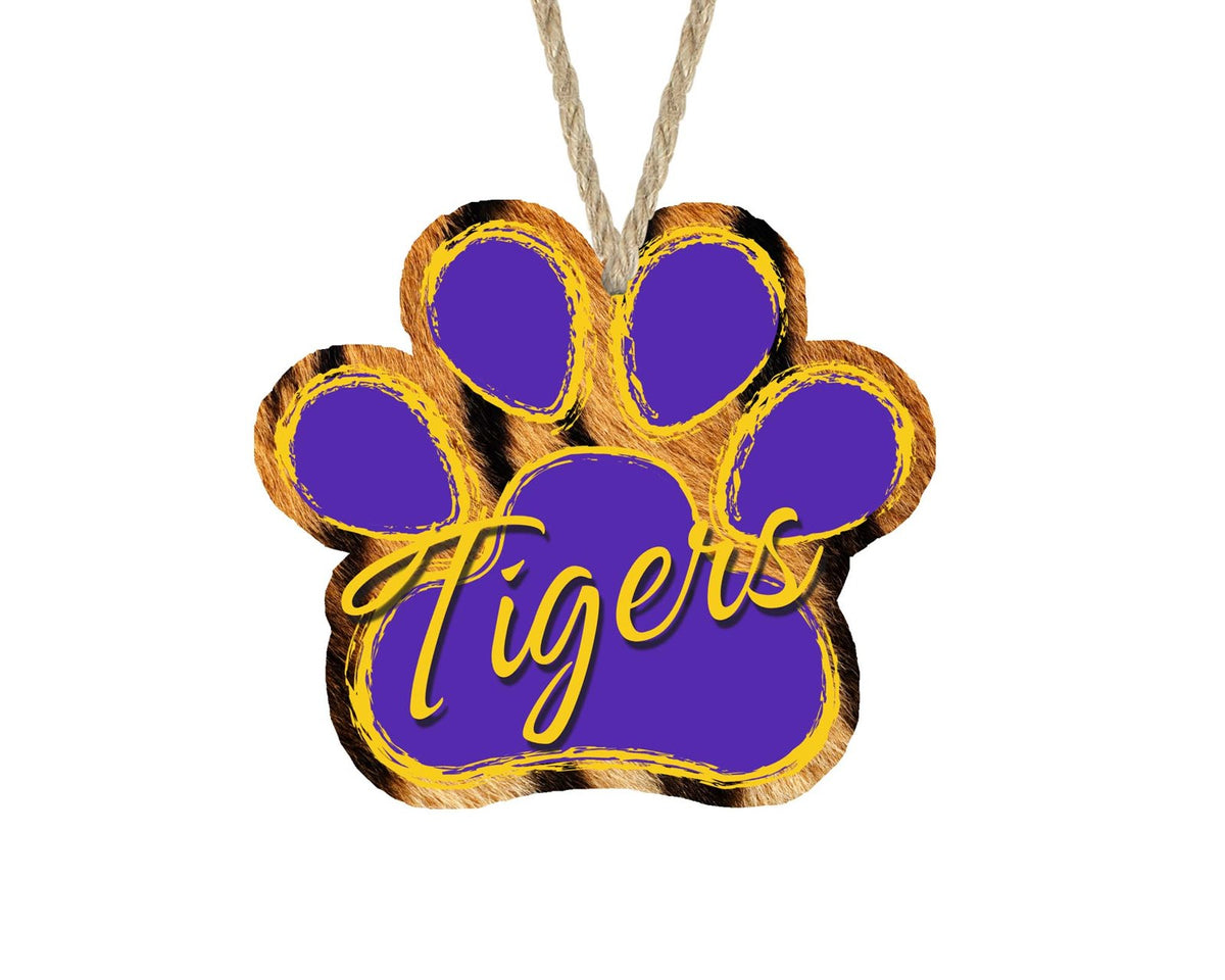 Purple and gold Tigers paw print school spirit Christmas ornament
