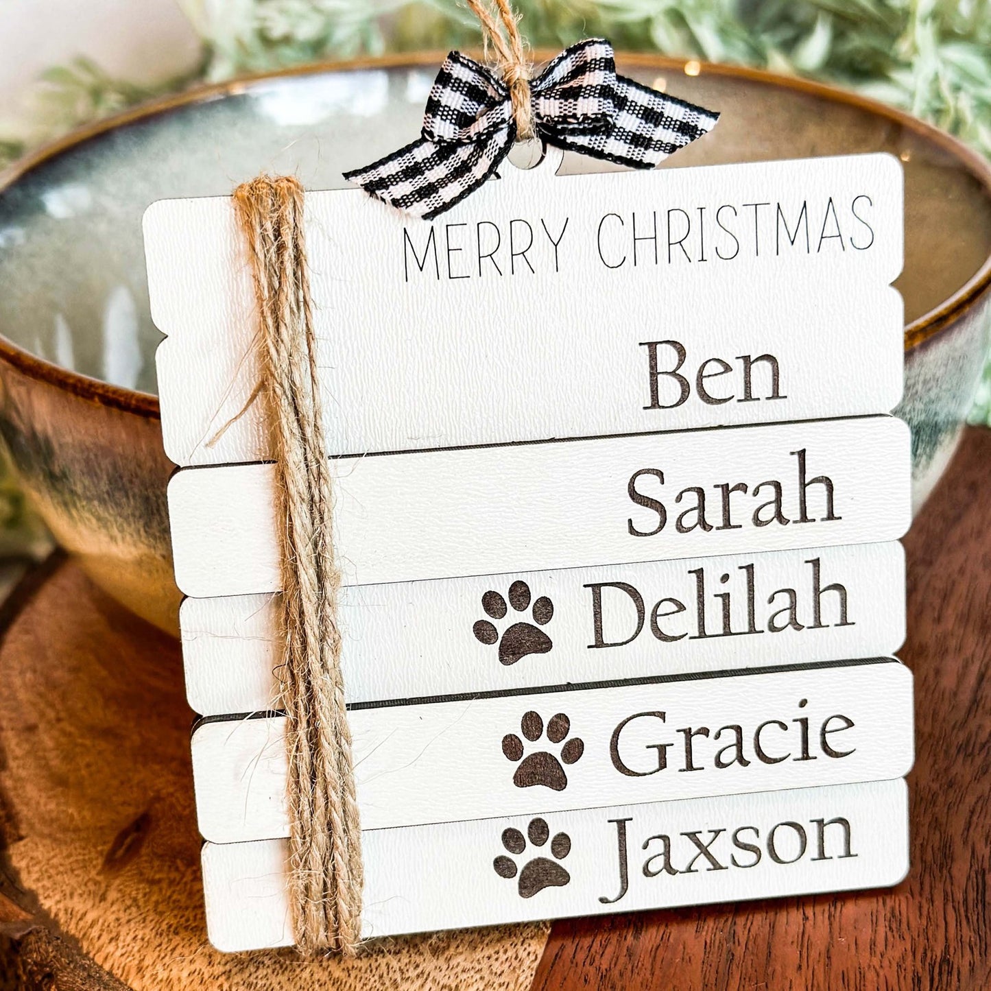 Personalized book stack family names Christmas ornament
