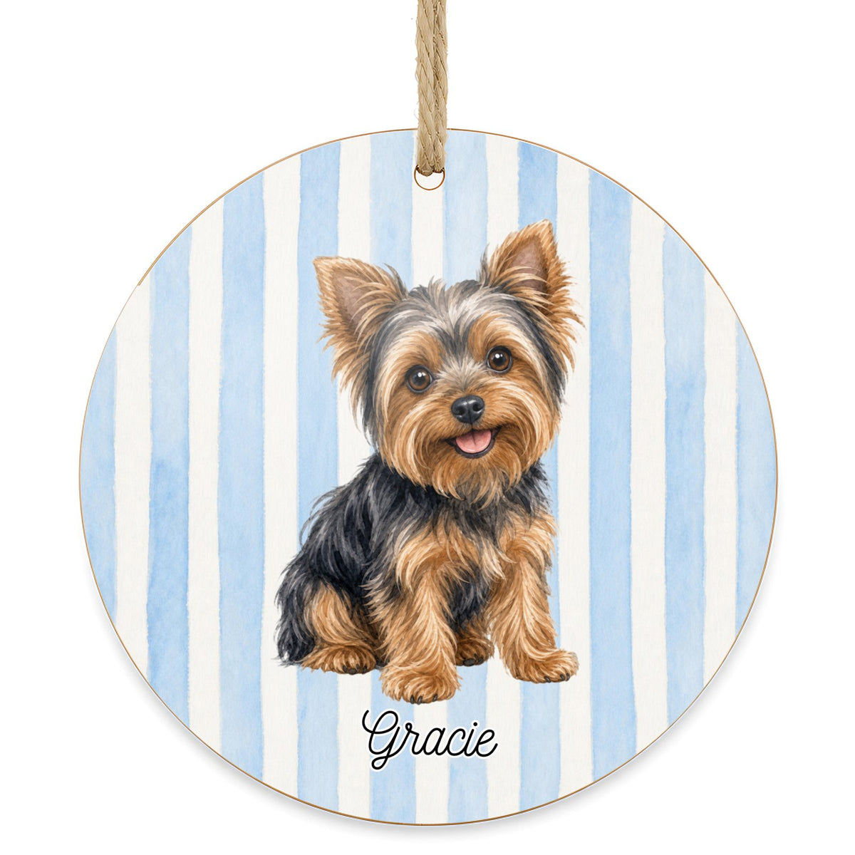 Personalized Yorkie dog ornament on a white background