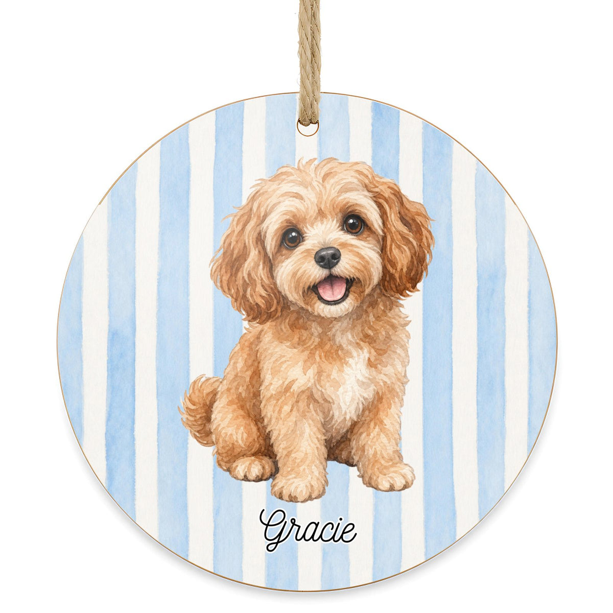 Personalized Cavapoo dog ornament on a white background