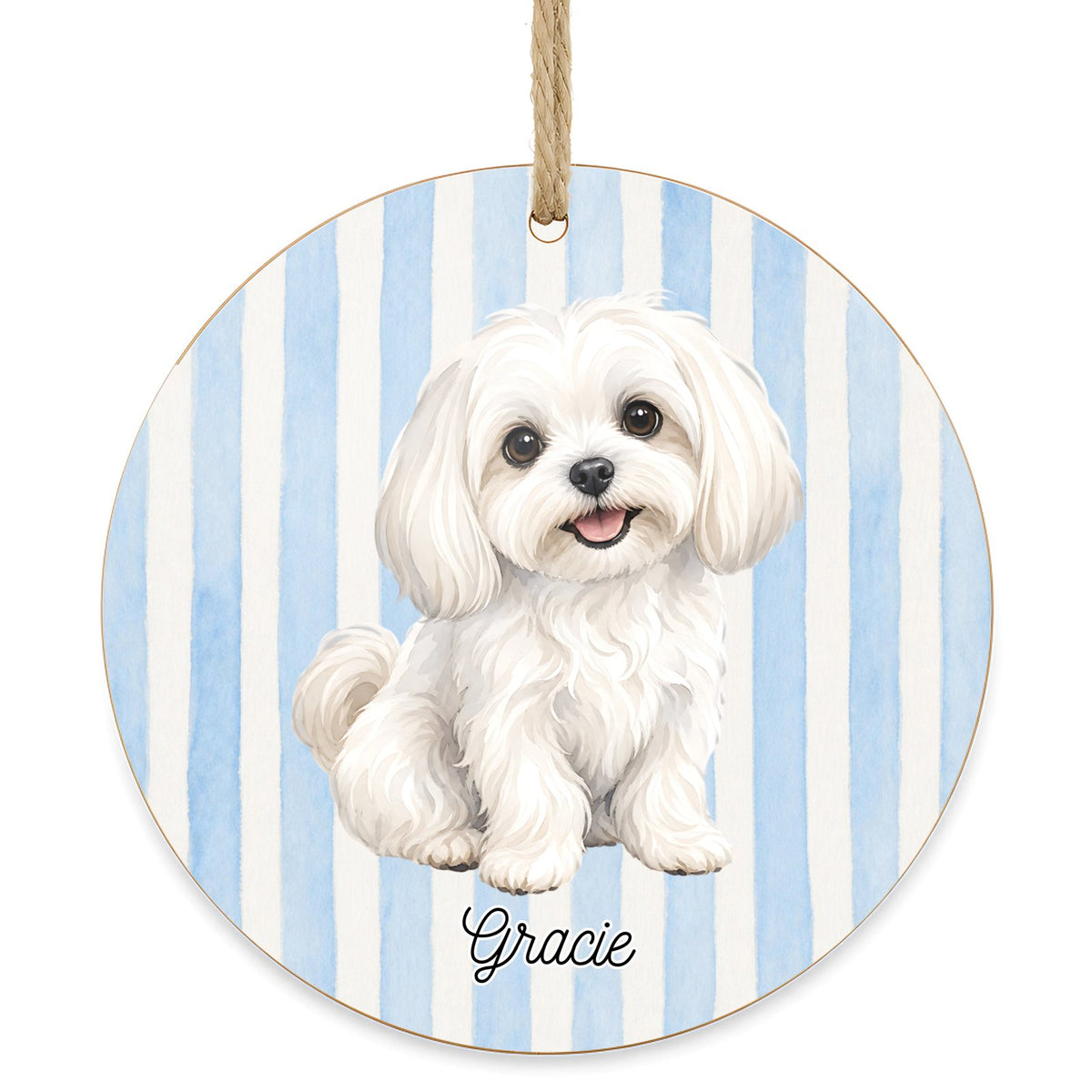 Personalized Maltese dog ornament on a white background