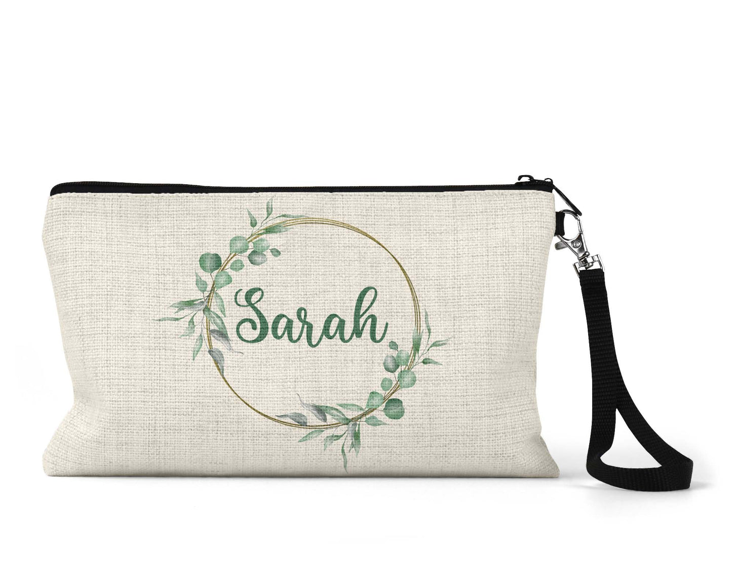 Personalized greenery wreath Makeup Bag front view on a white background