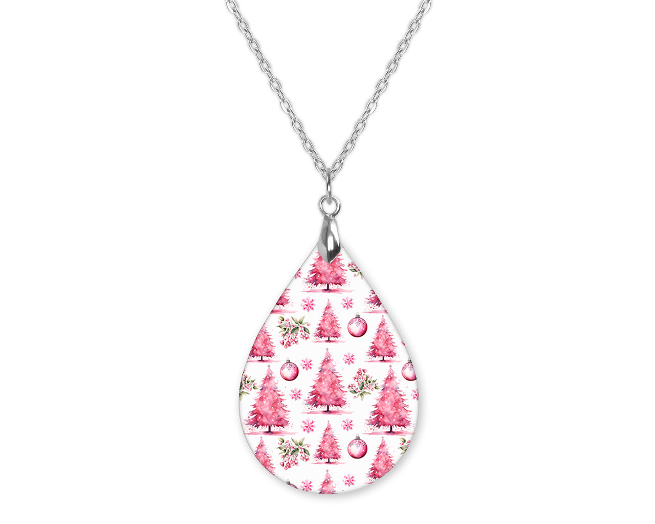 Pink Christmas Tree Teardrop Shape Necklace