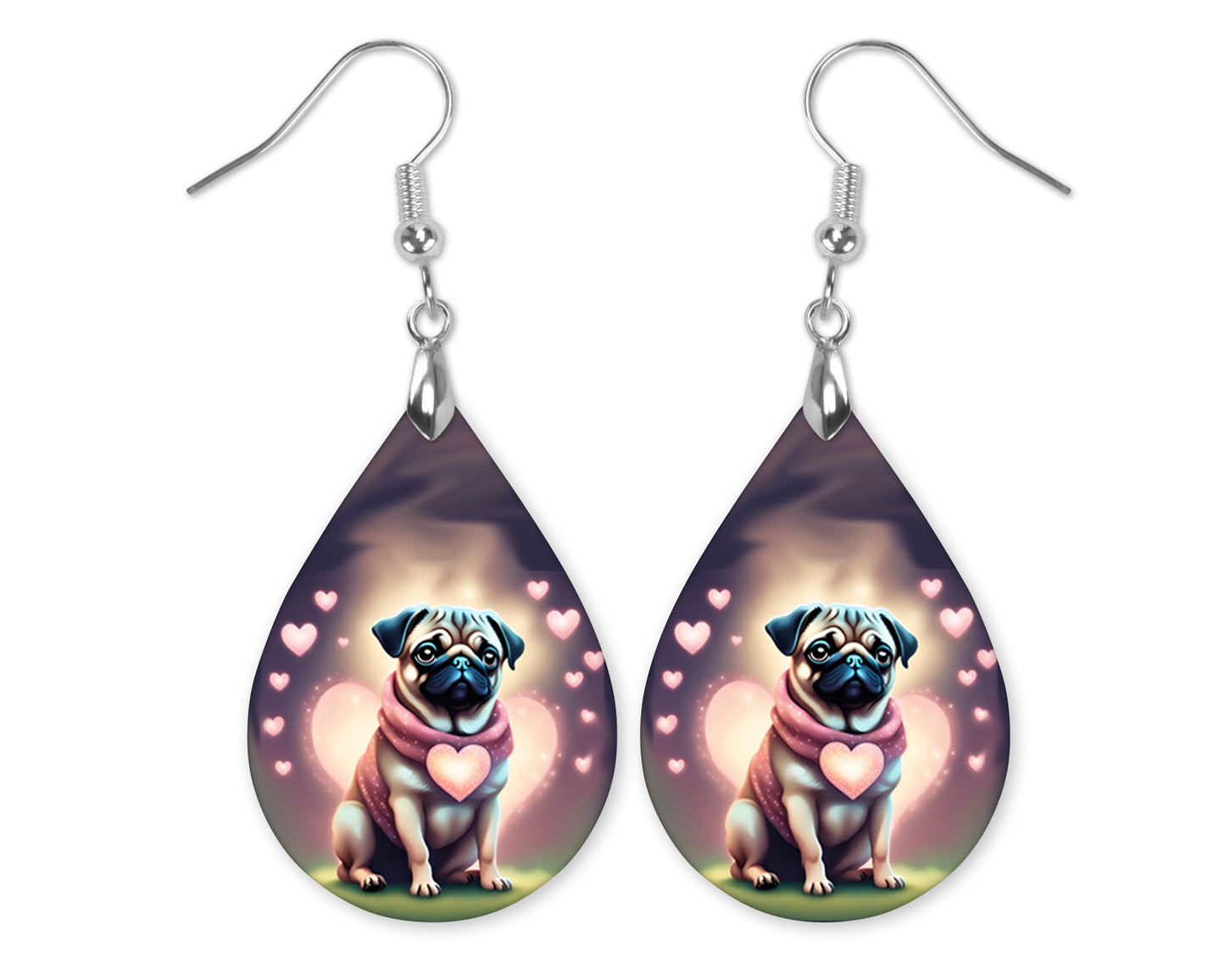 Valentine's Day Earrings – Cute Pug Dog Earrings with Heart Design, Handmade Pet Lover Gift