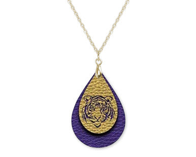 Purple Gold Tiger Game Day Teardrop Shape Necklace