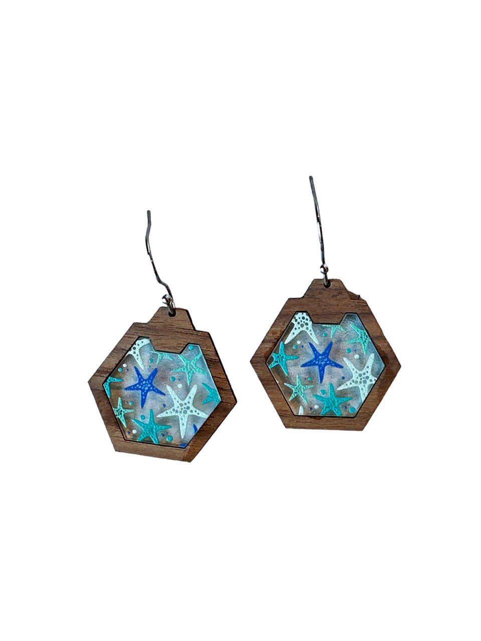 Starfish Walnut Hex Earrings Boho Earrings Summer Dangling Earrings