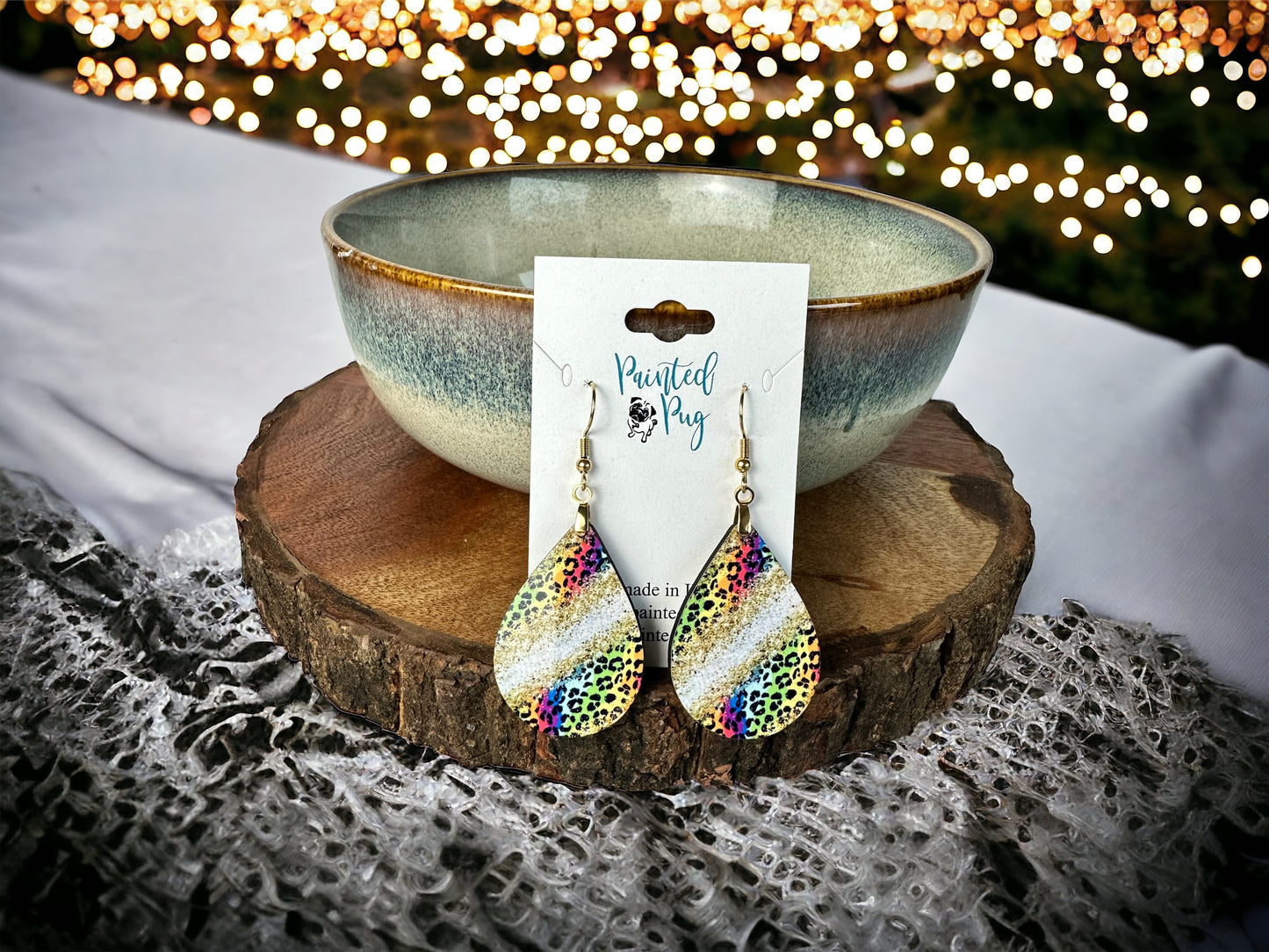Rainbow Leopard Print Earrings – Handmade Teardrop Statement Earrings with Gold Hooks