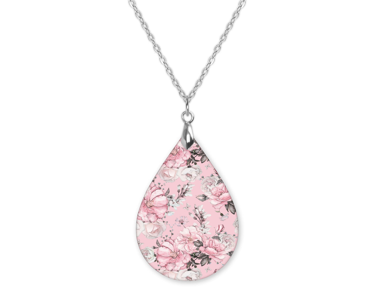 Pink Peony Floral Teardrop Shape Necklace