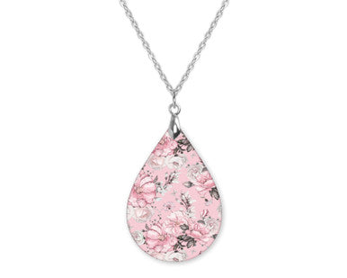 Pink Peony Floral Teardrop Shape Necklace