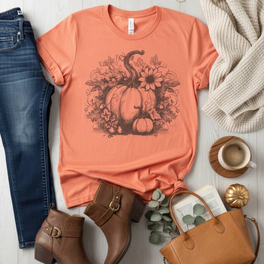 Pumpkin and Sunflower Fall Graphic Tee – Soft Short Sleeve T-Shirt