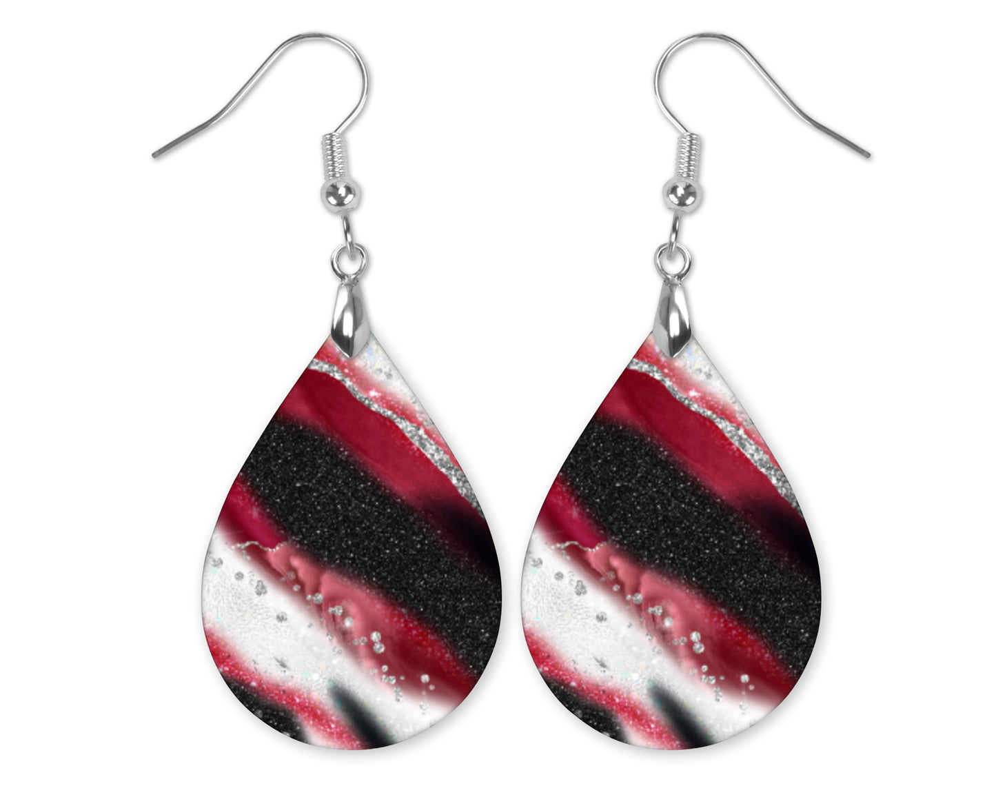 Red and Black Teardrop Earrings – Handmade Statement Earrings with Marble Stripe Design