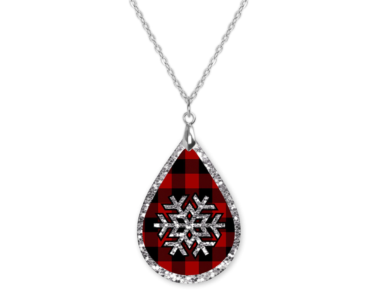 Snowflake Buffalo Plaid Teardrop Shape Necklace